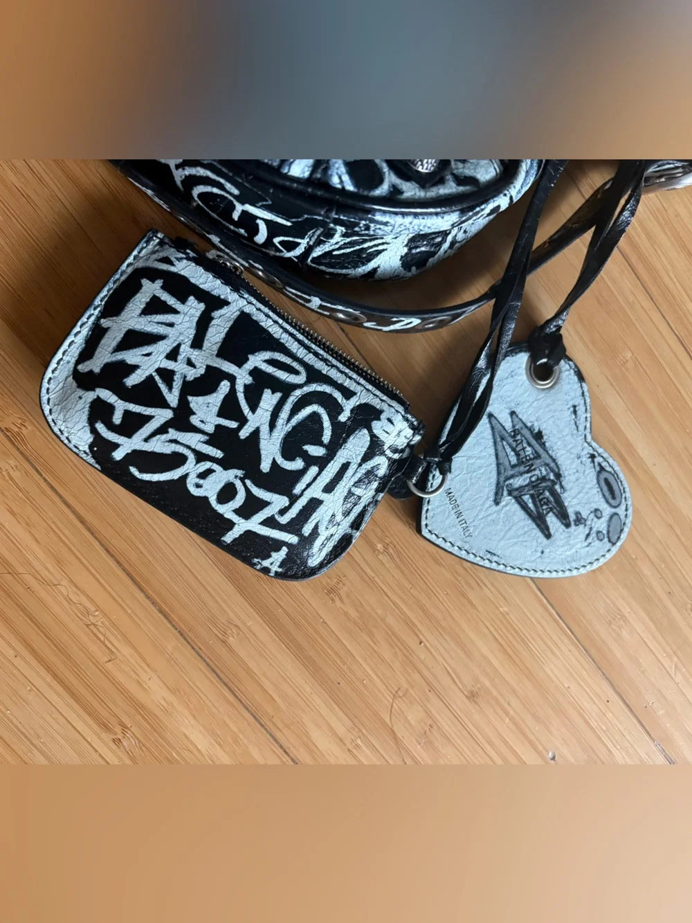 Balenciaga Black and White Graffiti Shoulder Bag with Mirror Charm
